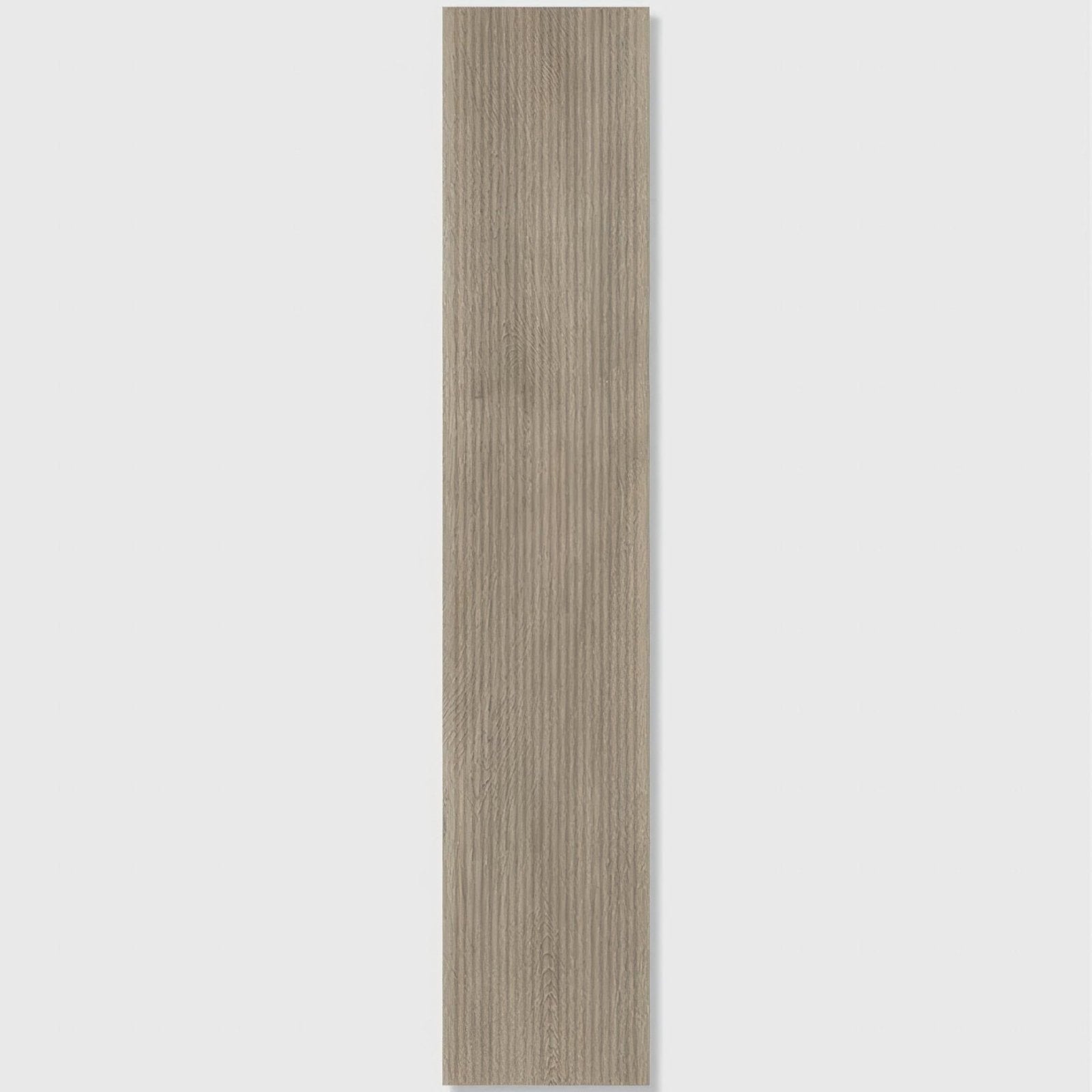 A sleek gray wood grain porcelain tile with vertical striations and smooth finish in beach hut fluted caramel design