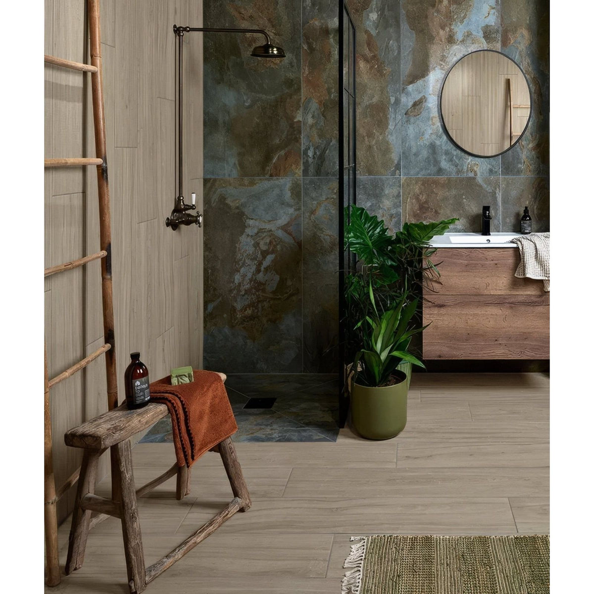 Rustic wooden stool with weathered finish and orange towel draped over it from beach hut porcelain caramel collection