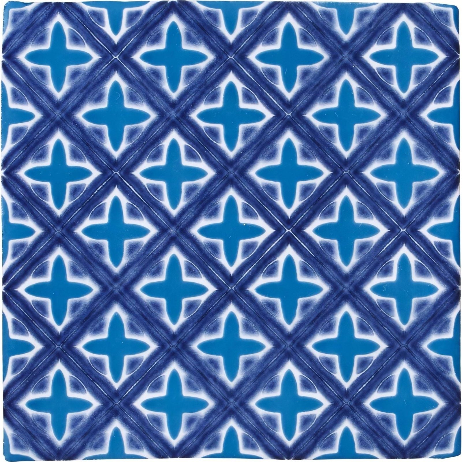 Behen on papyrus blue ceramic tile with white cross pattern within intersecting diagonal lines for decorative use
