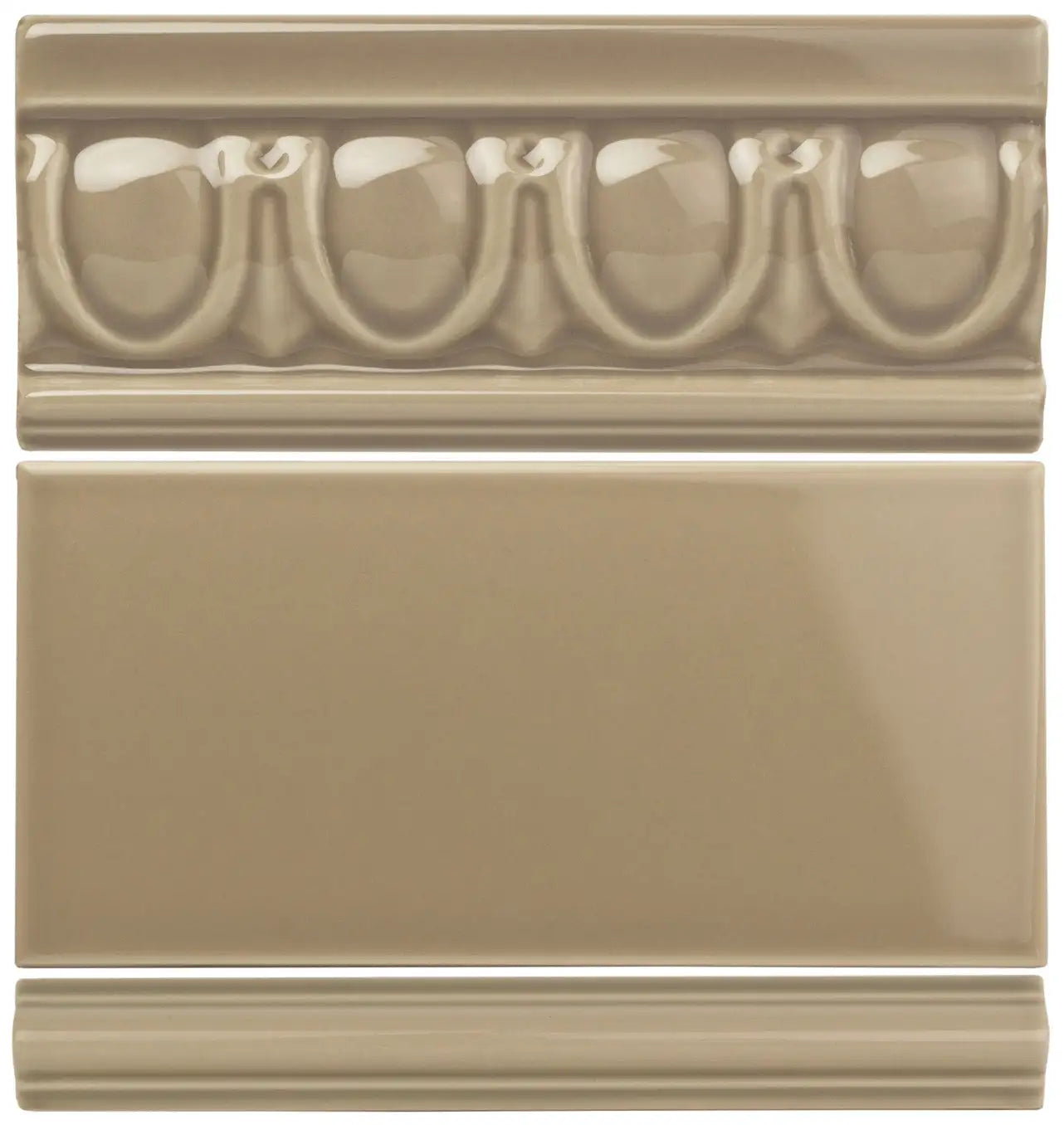 Beige ceramic tile set featuring a decorative molded border with repeating oval and leaf motifs above a plain rectangular panel.