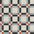 Geometric tile pattern belfast dover white black grey and red with repeating black light blue terracotta red and off-white squares
