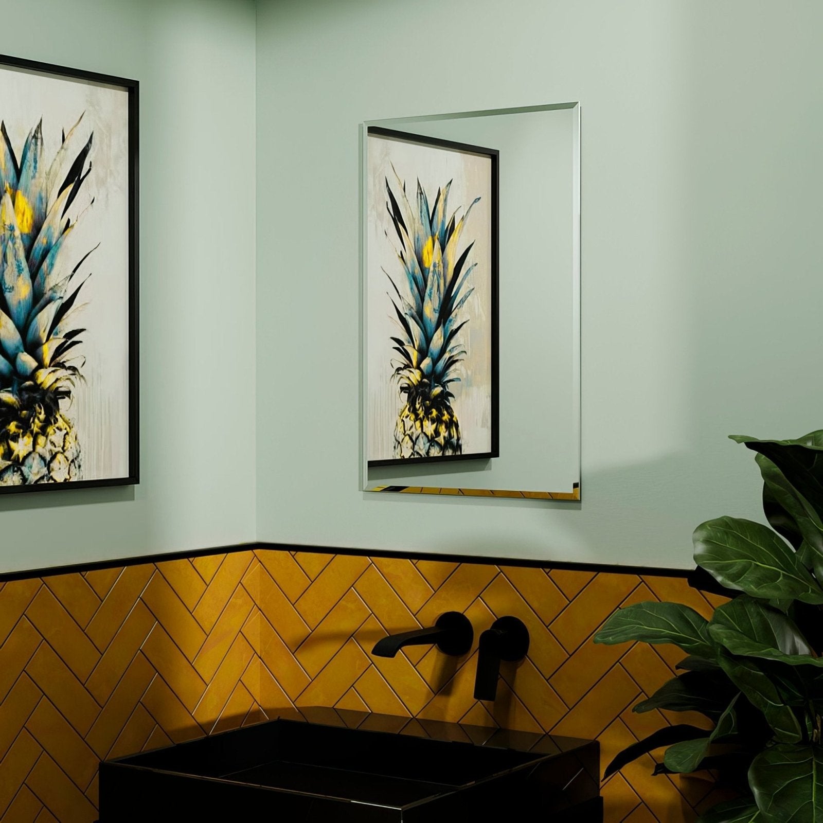Belvoir rectangular mirror 58 with a sleek silver frame reflecting vibrant pineapple artwork