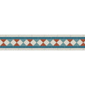 A decorative border tile strip featuring an orange and white diamond pattern on teal with light gray framing from bennett blue dover white pugin blue and red