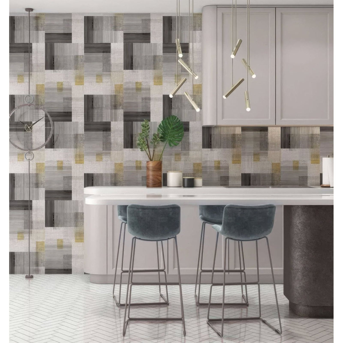 Modern gray and gold berlin geometric shower wall panel with textured mosaic tile backsplash design