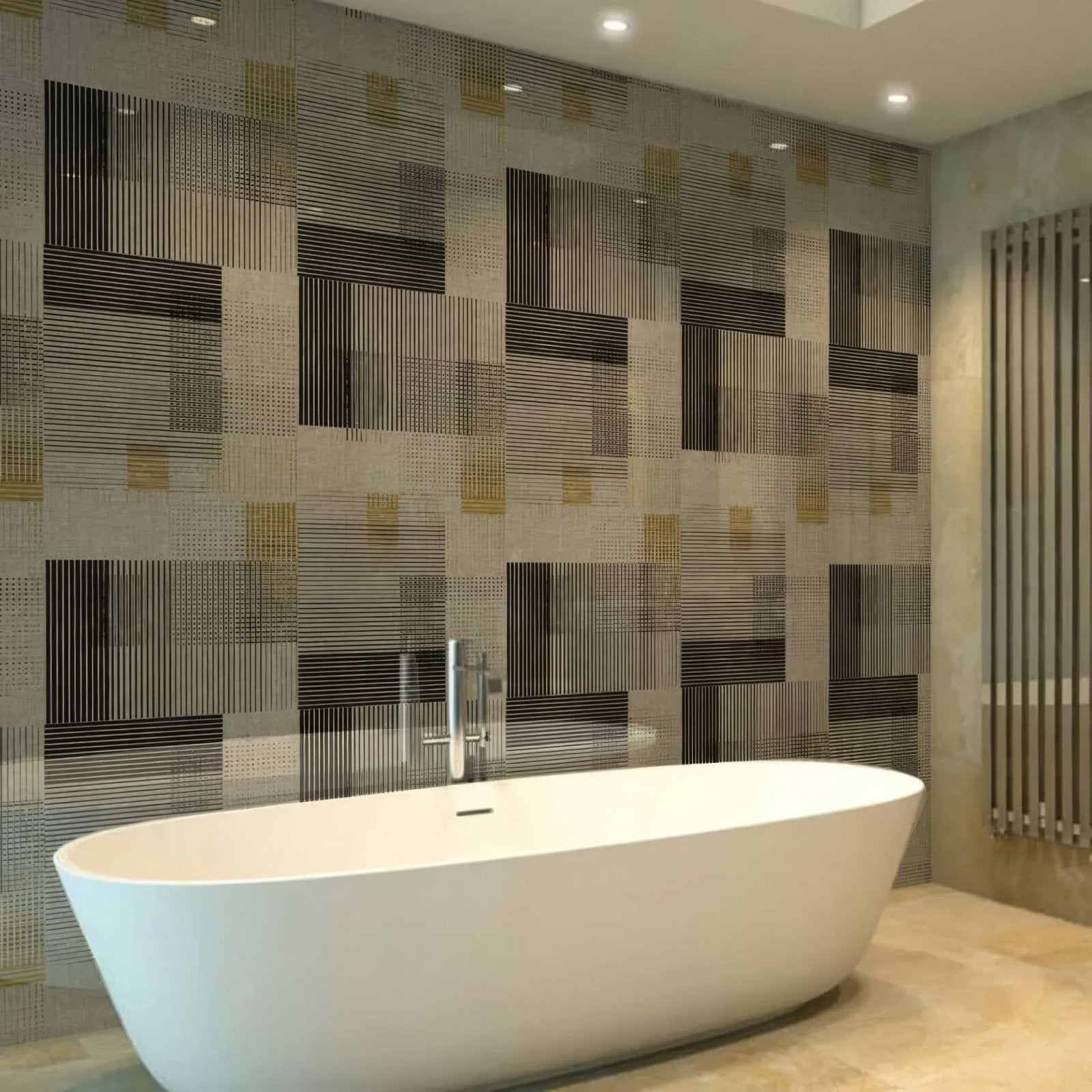 Modern freestanding white bathtub with sleek minimalist design featured alongside berlin geometric shower wall panel