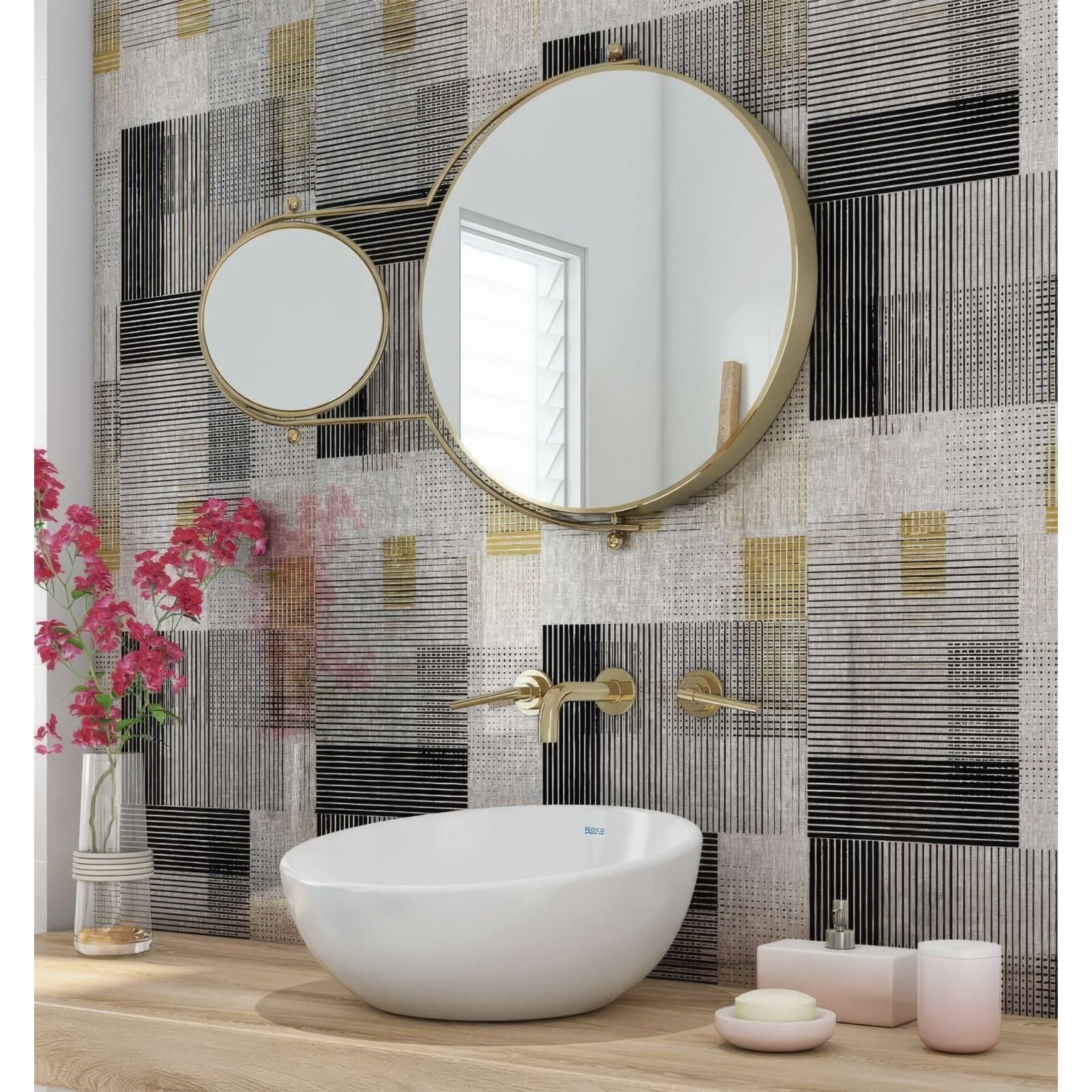 Gold-framed round wall-mounted mirrors with sleek modern design on berlin geometric shower wall panel