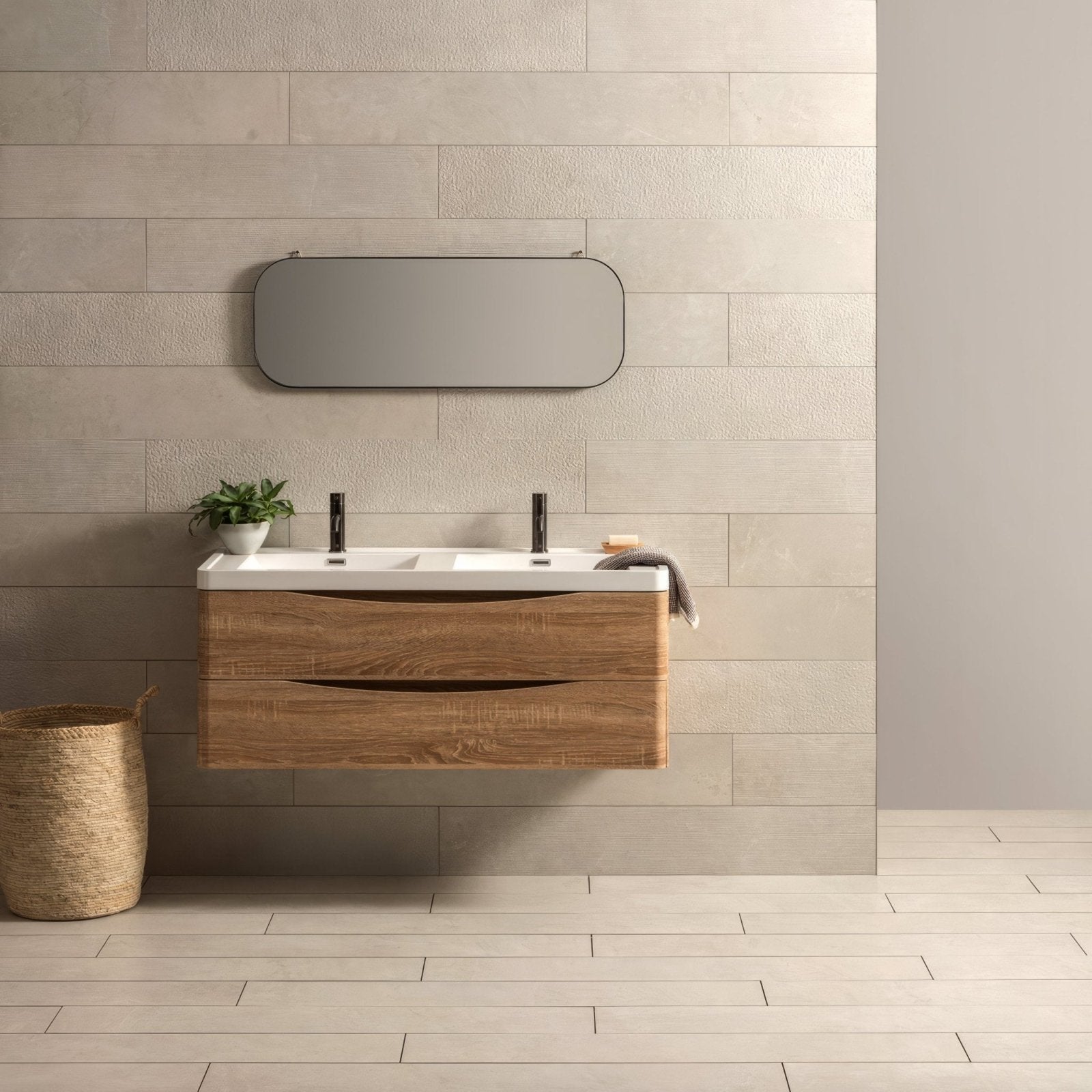 Modern floating berliner weiss flames vanity with light wood finish white ceramic countertop and black faucets