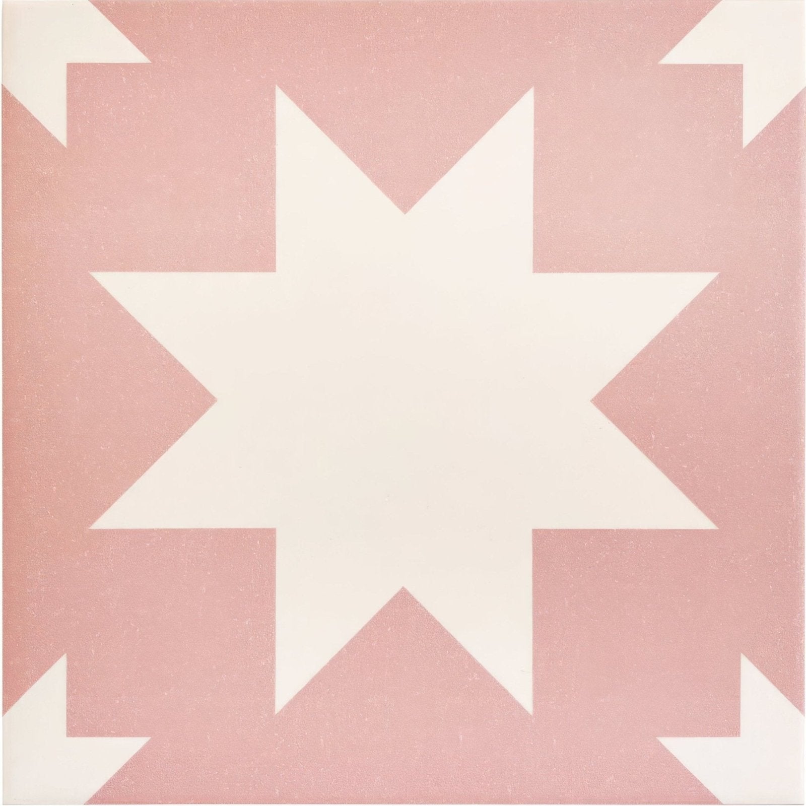 Bert and may pink pradena porcelain tile with pink and white geometric pattern and central starburst design