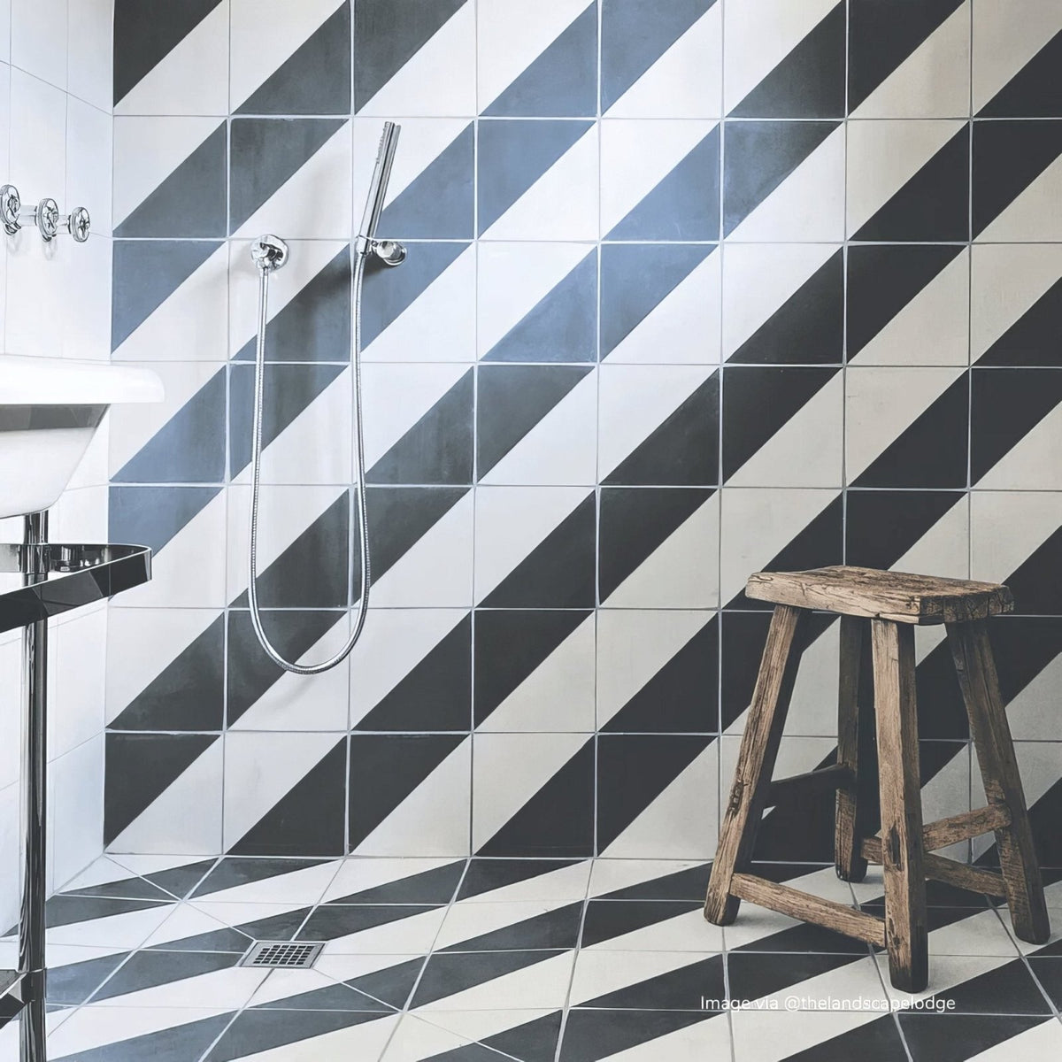 Bert & May black alalpardo porcelain bathroom tiles with black and white diagonal striped modern geometric pattern