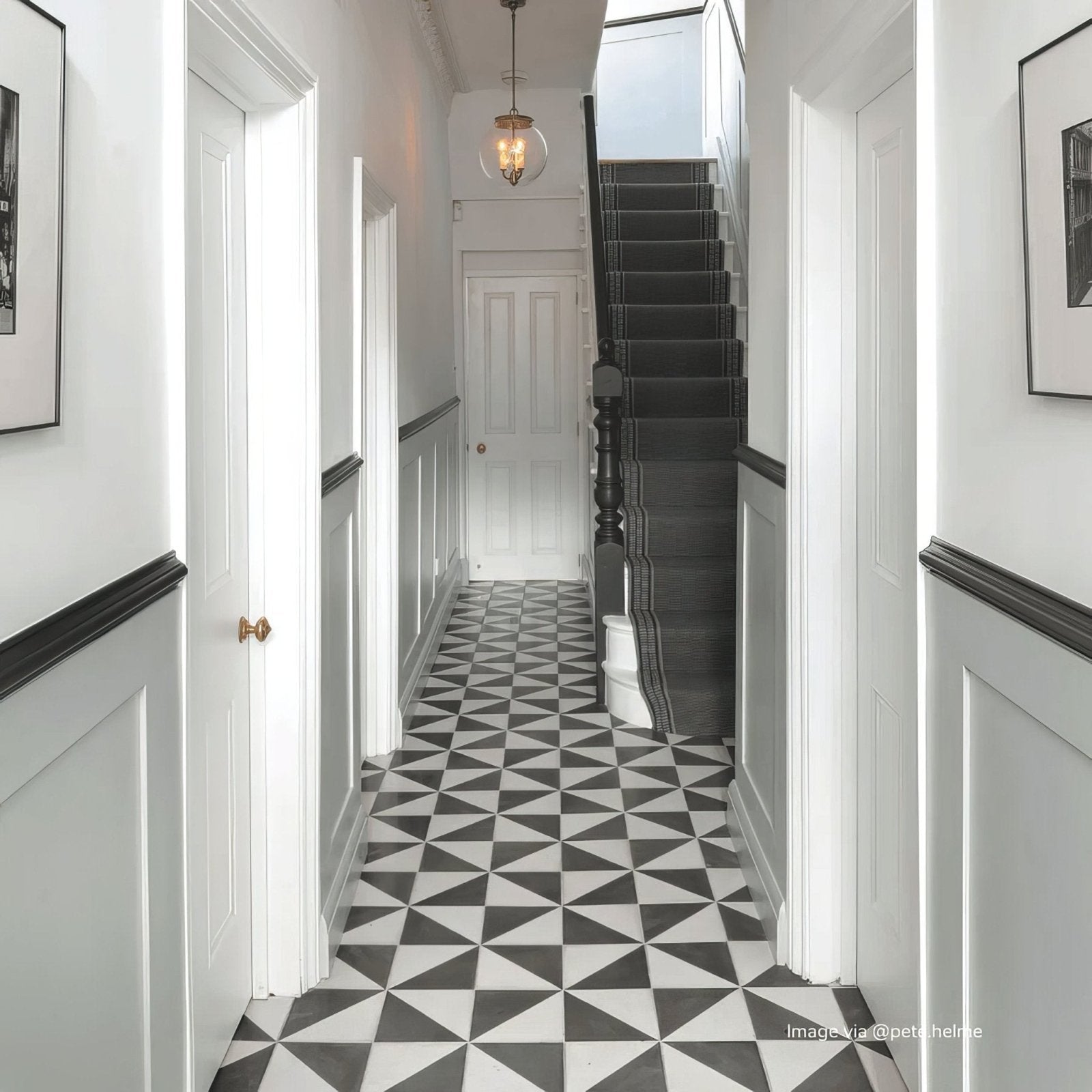 Bert & May black alalpardo porcelain floor tiles with black and white geometric triangle pattern design