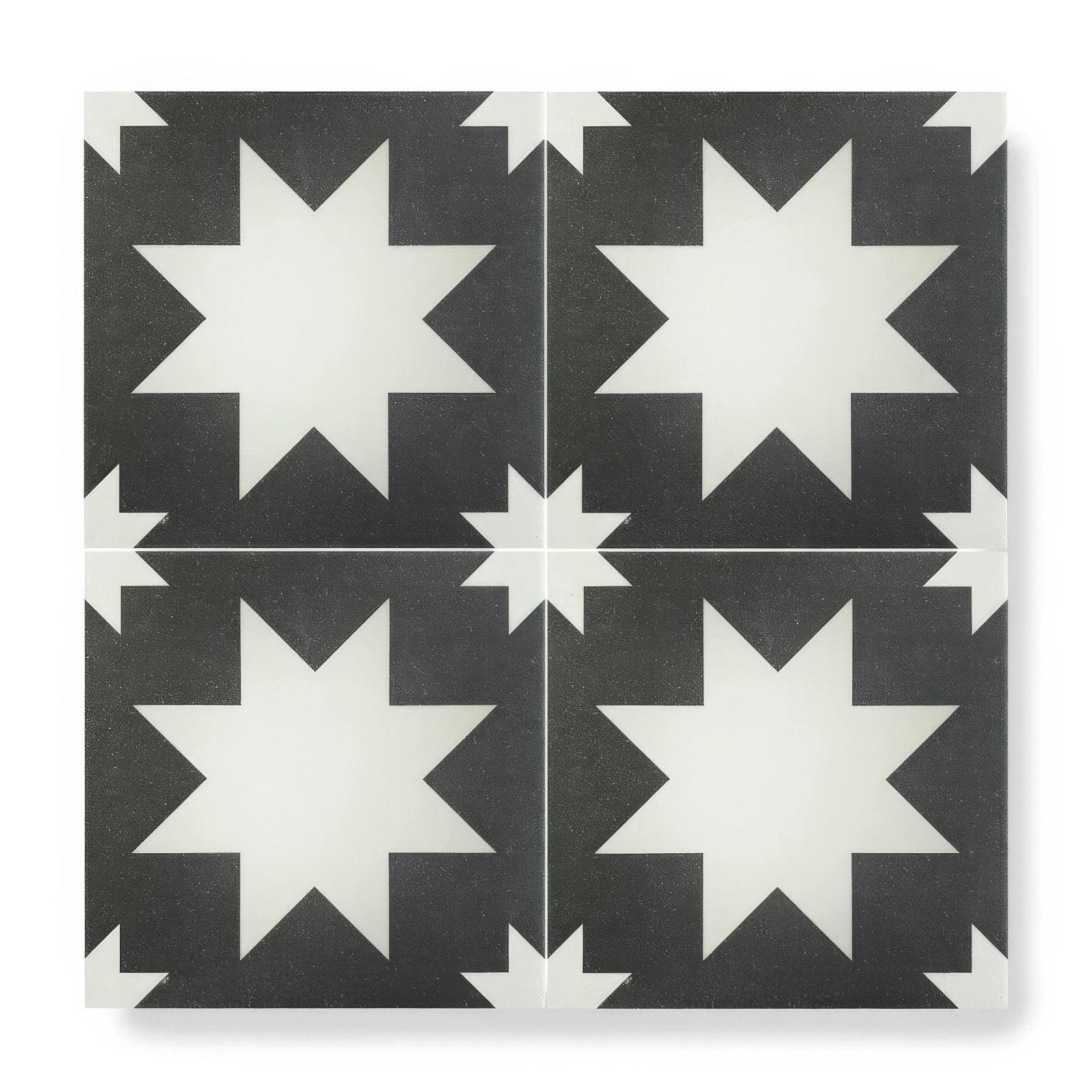 Bert & May black pradena porcelain tile featuring black and white geometric star pattern for stylish flooring or walls