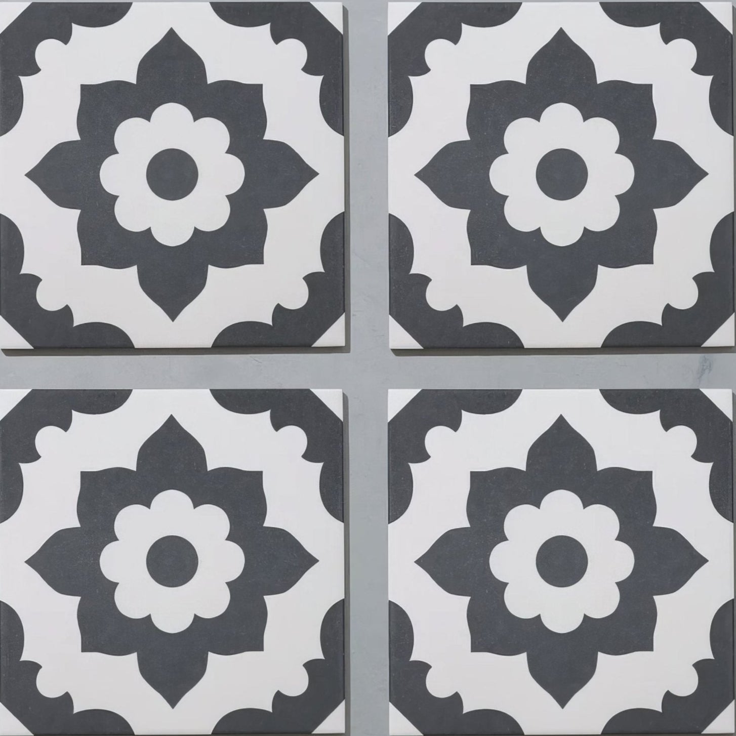 Black and white floral patterned bert & may black santona porcelain square tiles with classic ornate design