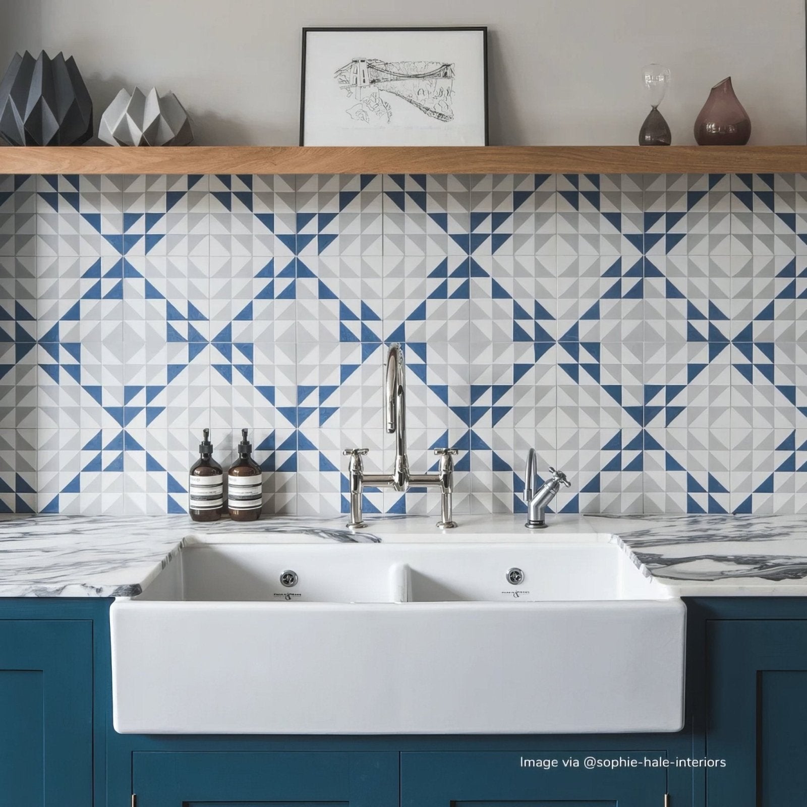 White ceramic farmhouse sink bert and may blue majadas porcelain with polished chrome faucet and separate hot and cold handles