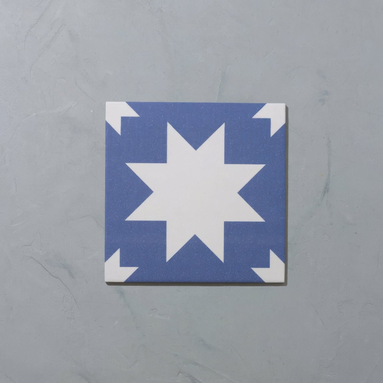 Blue and white star-patterned porcelain tile with geometric accents from bert & may pradena collection