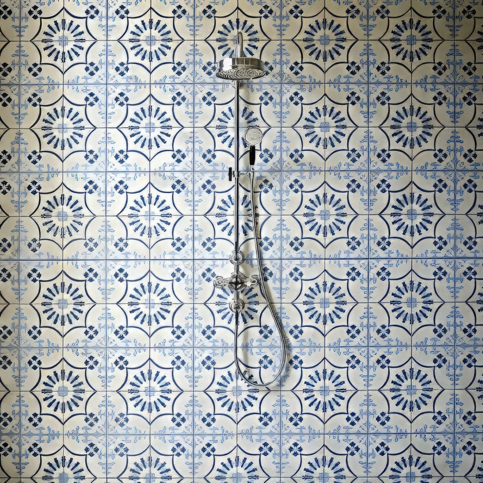 Chrome finished showerhead with modern design on chrome hose mounted against bert and may bolonia navy porcelain tiles