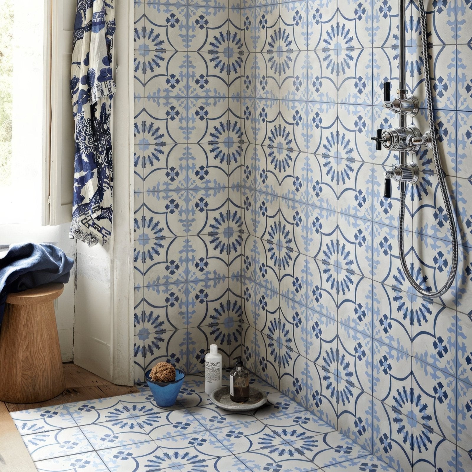 Bert & may bolonia navy porcelain blue and white patterned ceramic tiles with intricate floral designs for shower walls and floor
