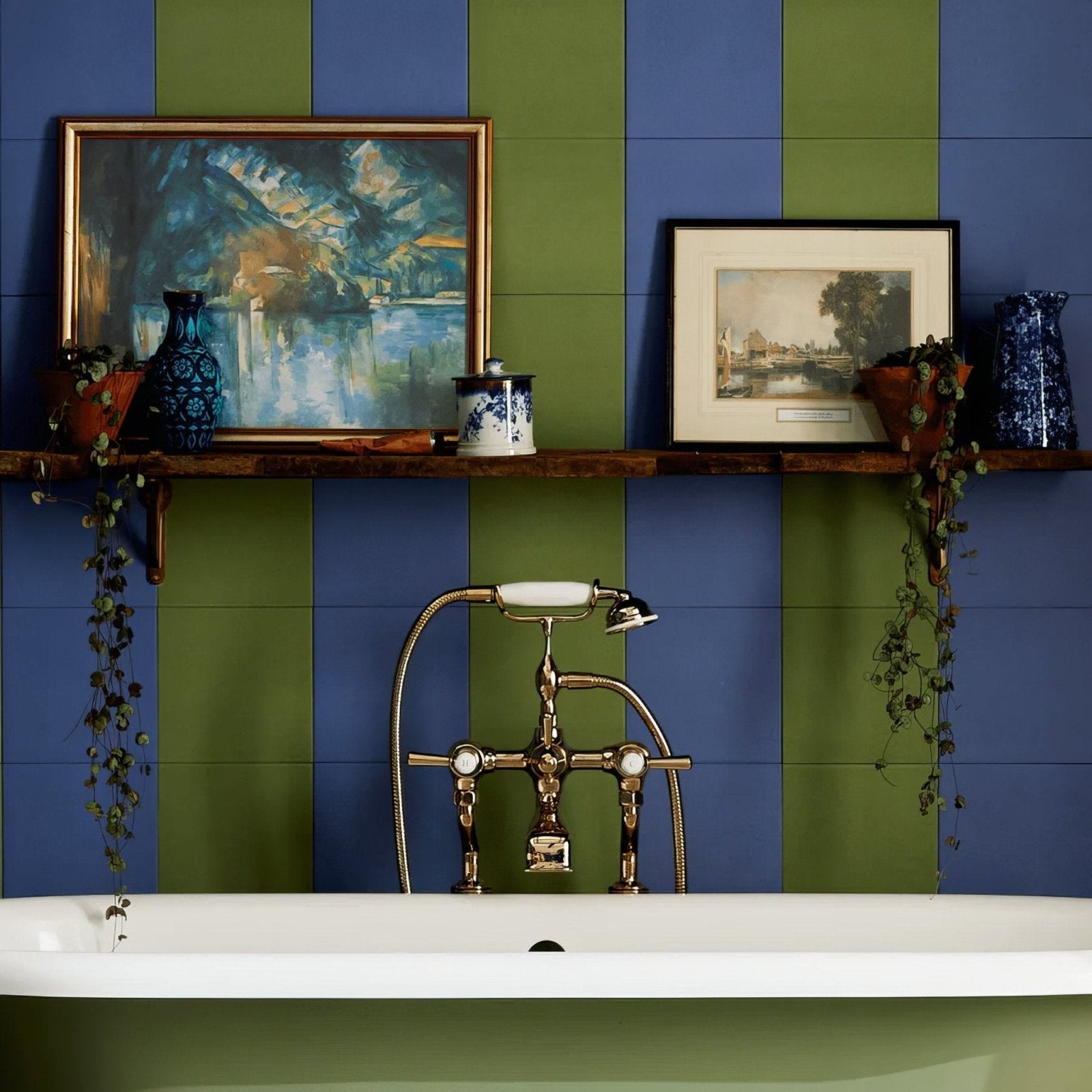 Antique brass bathtub faucet with curved spout and white ceramic handle featured with bert and may forest porcelain tile