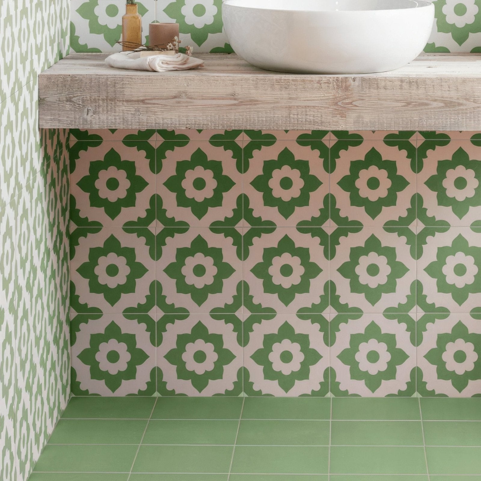 White ceramic bowl sink with rustic wooden countertop featuring bert and may forest porcelain plain tile background