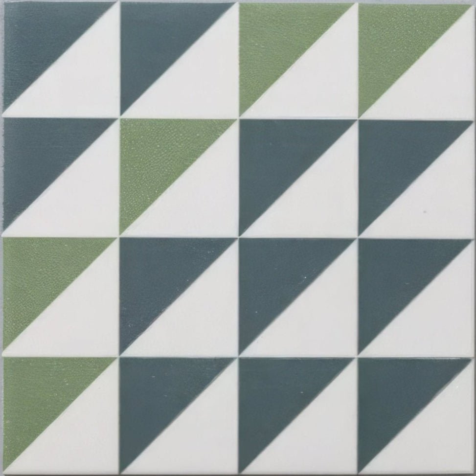 Geometric bert & may green majadas porcelain tile with interlocking triangles in matte olive green charcoal gray and white