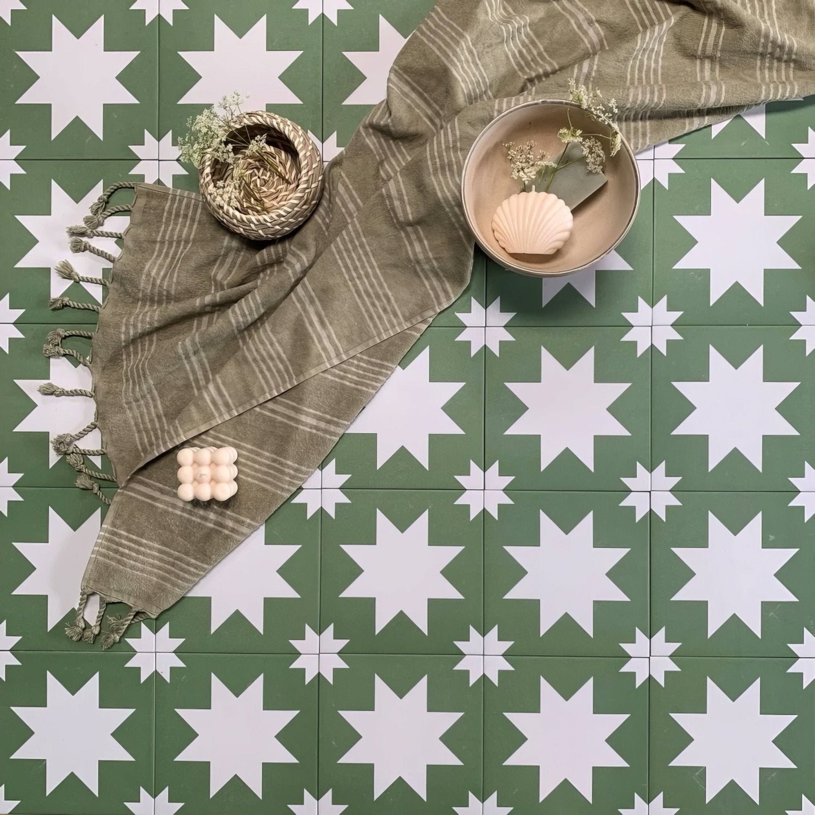 Olive green and white star patterned ceramic floor tiles from bert & may green pradena porcelain collection