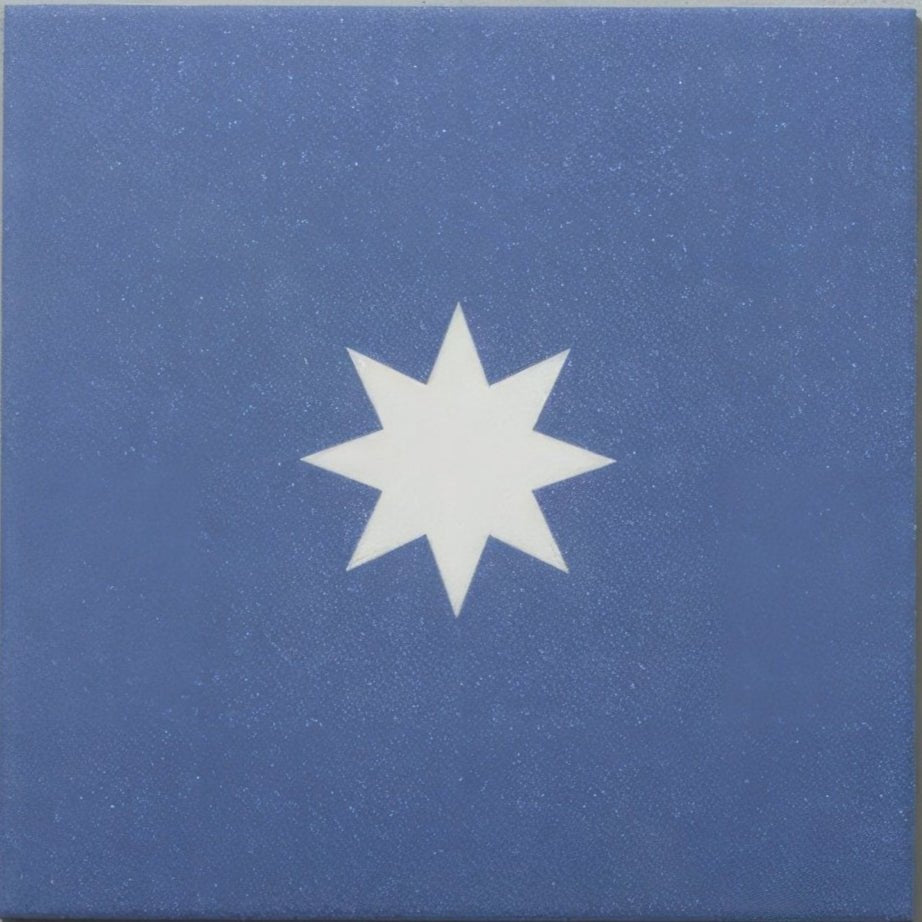 Bert & may navy luna porcelain tile with a blue textured surface and central white starburst design