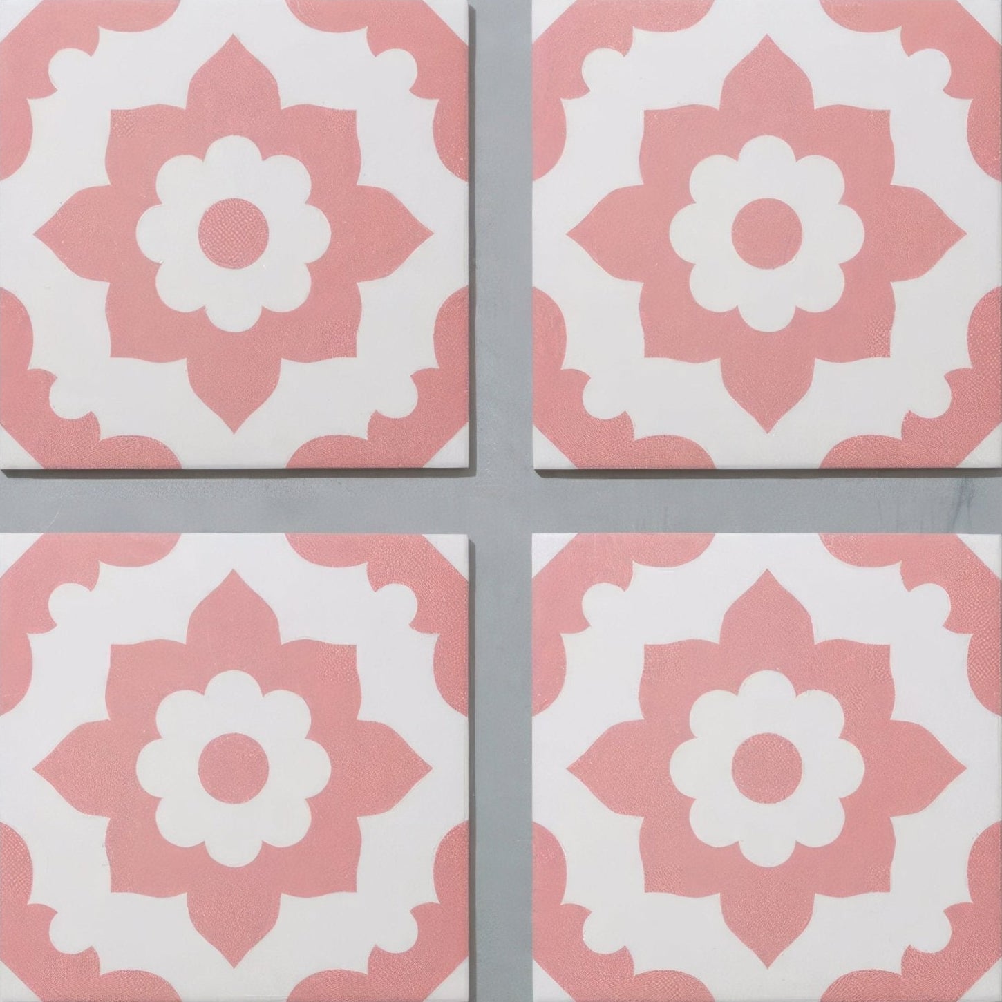 Pink and white floral patterned square porcelain tiles from bert and may pink santona collection