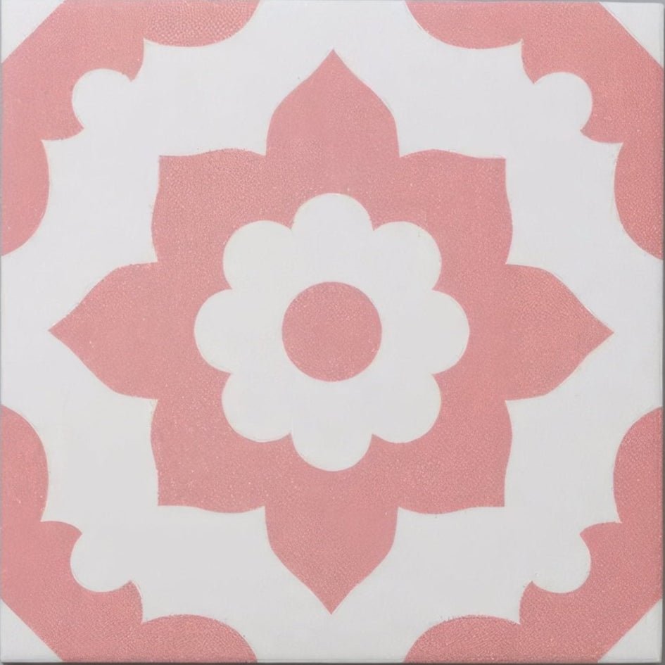 Pink and white floral patterned glossy porcelain tile from bert and may pink santona collection