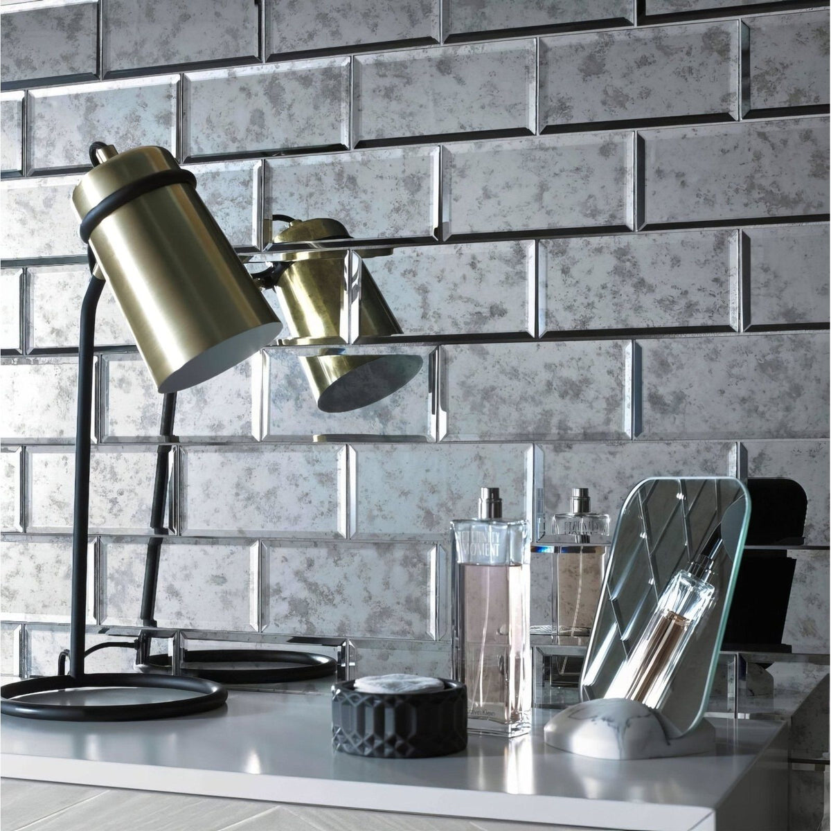 Bevel Antique Mirror Brick Mosaic - Grey