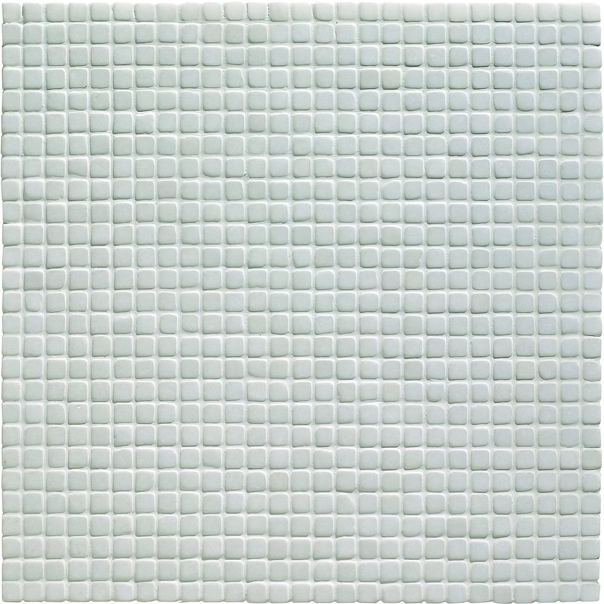 A bianco 1.0 venetian stone mosaic tile featuring small uniform white glass squares in a grid pattern