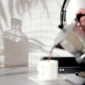 Bianco 1.0 Venetian Stone Mosaic white glass mosaic styled with a silver french press