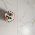 White marble-effect floor tiles bianco oro matt 90 x 90cm with subtle gold veining for elegant interiors