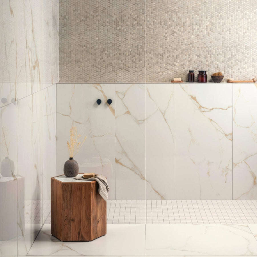 Bianco oro matt 90 x 90cm white marble-effect bathroom tiles with subtle gold veining for elegant wall and floor design
