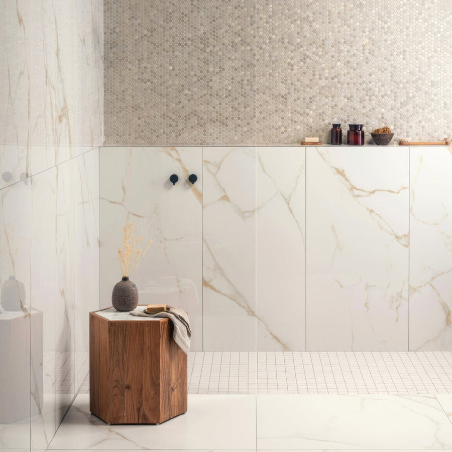 Bianco oro polished porcelain wall tiles 60 x 120cm white marble effect with subtle gold veining
