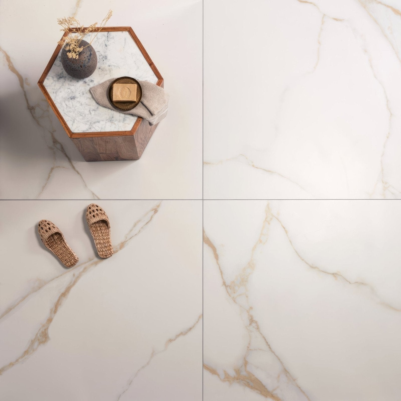 Bianco oro polished porcelain floor tile 90 x 90cm with white marble effect and subtle gold veining