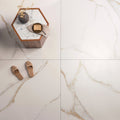 Bianco oro polished porcelain floor tile 90 x 90cm with white marble effect and subtle gold veining