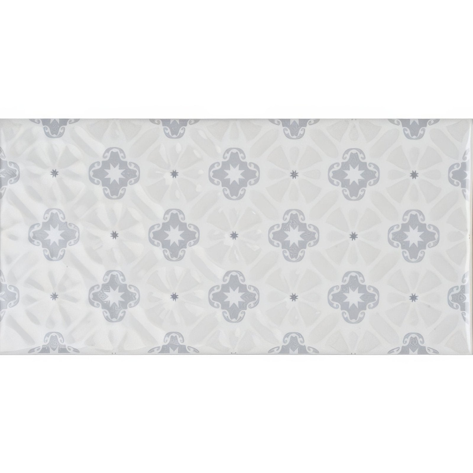 Gray and white patterned bicton on helmingham tile featuring a repeating quatrefoil design for decorative flooring