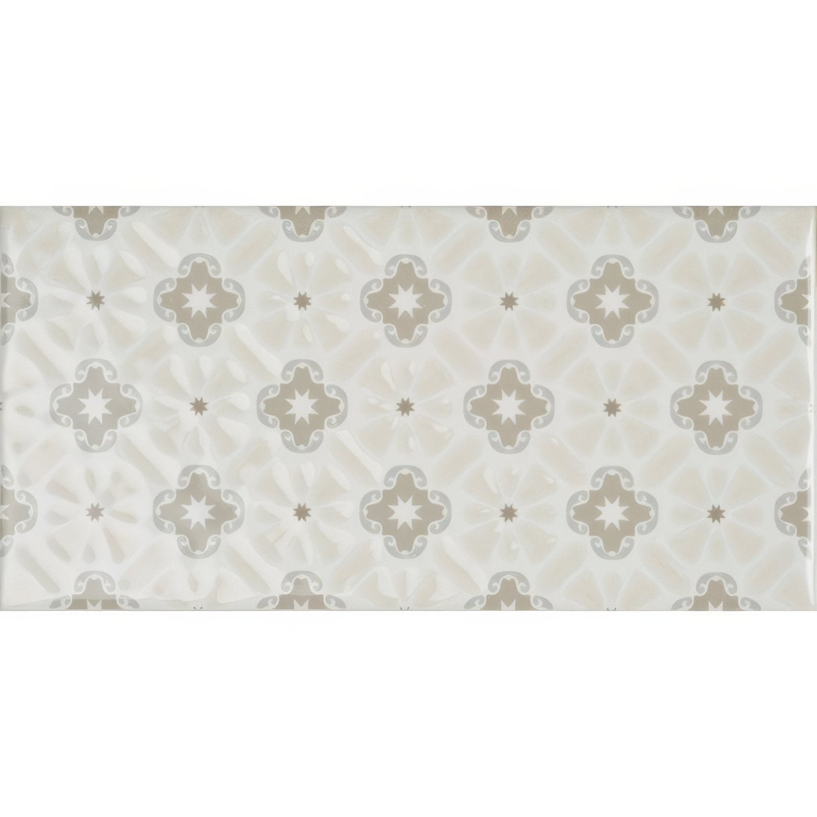 Beige and gray quatrefoil patterned ceramic tile with subtle star accents from bicton on helmingham vintage collection