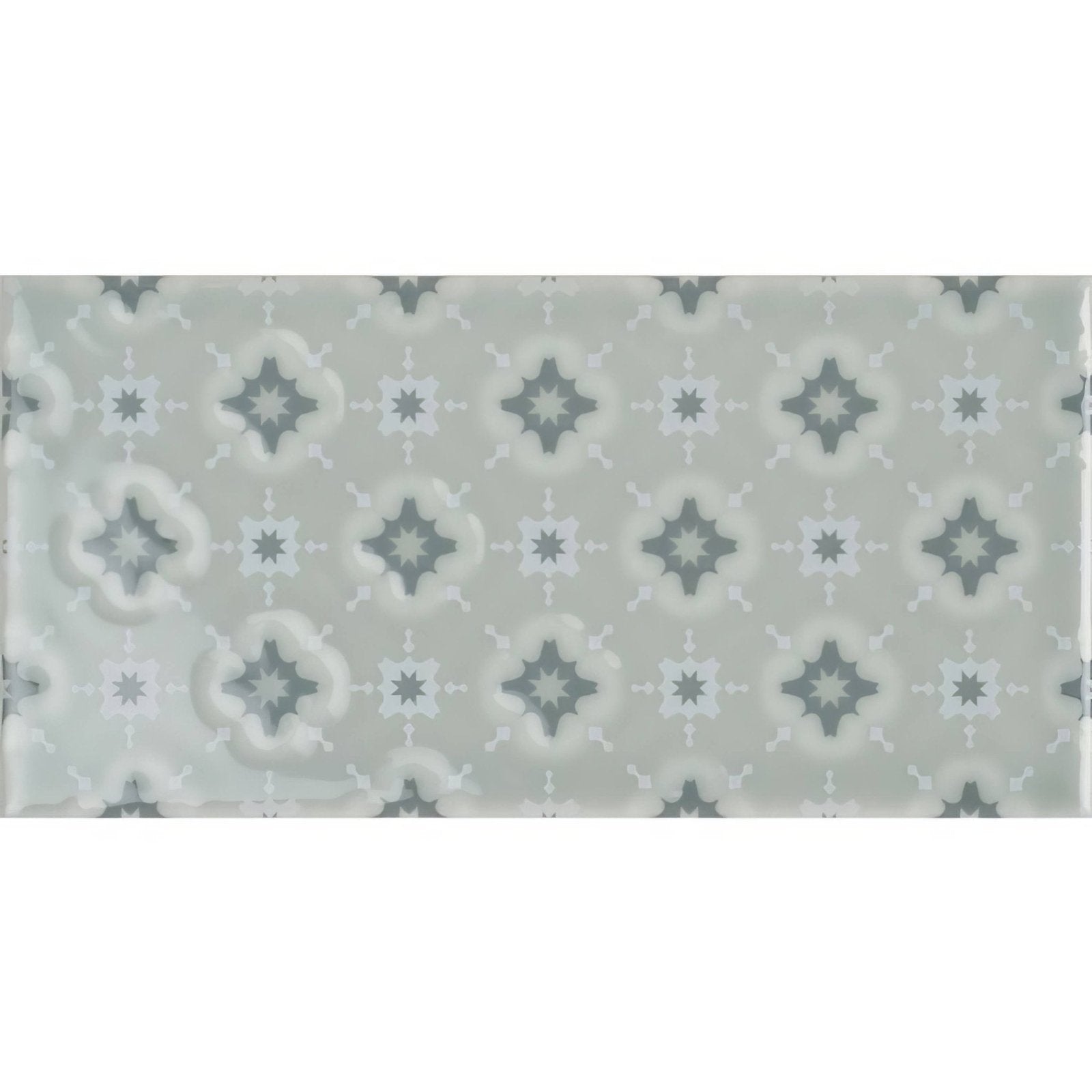 A rectangular bicton on sudbury ceramic tile with subtle gray and white geometric pattern for wall or floor use