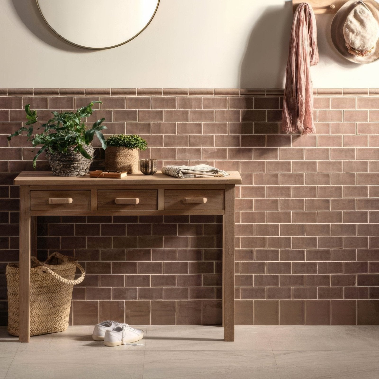 A rustic birch wooden console table with three drawers and simple handles against brown brick-style tiles