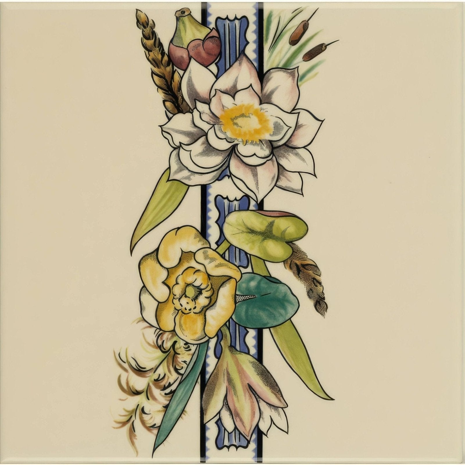 A decorative ceramic tile called birds and butterfly border on county white with pastel flowers on a cream background