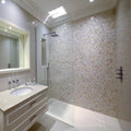 Biscotti 25mm square shower wall tiles in iridescent cream and beige mosaic reflecting light subtly