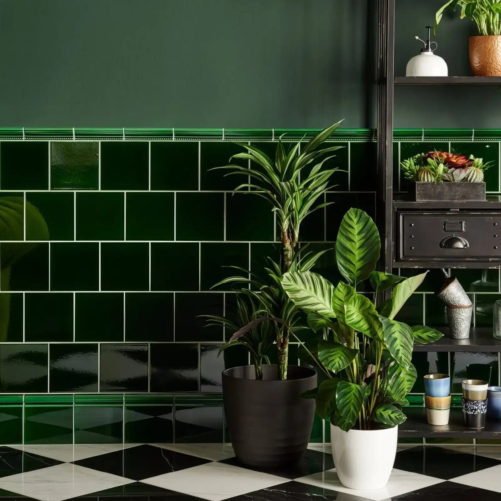 Black ceramic pot holding a tall, leafy green plant with variegated foliage.