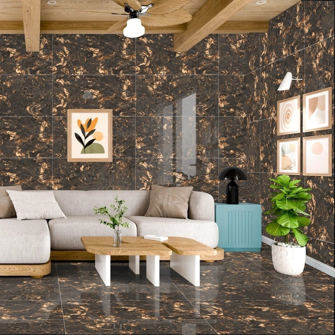 Black fusion 60 x 120cm dark brown marble-effect wall tiles with golden veining for elegant interior design