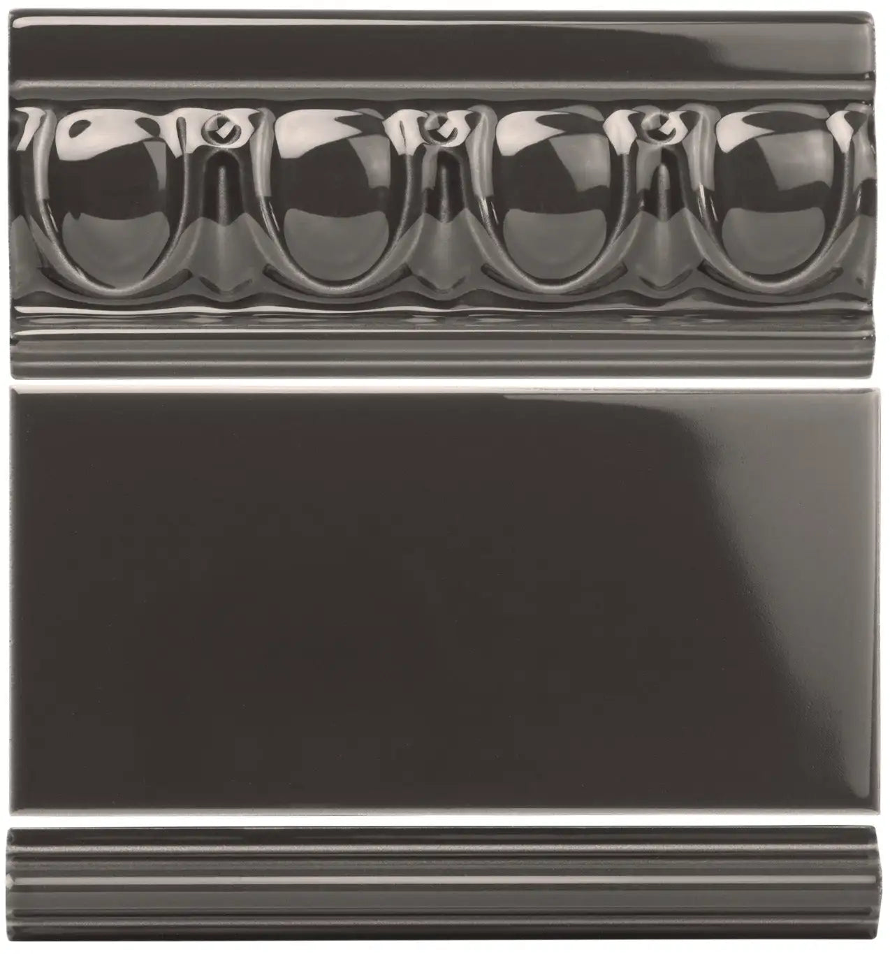 Black glossy ceramic tile with a decorative beaded border design.