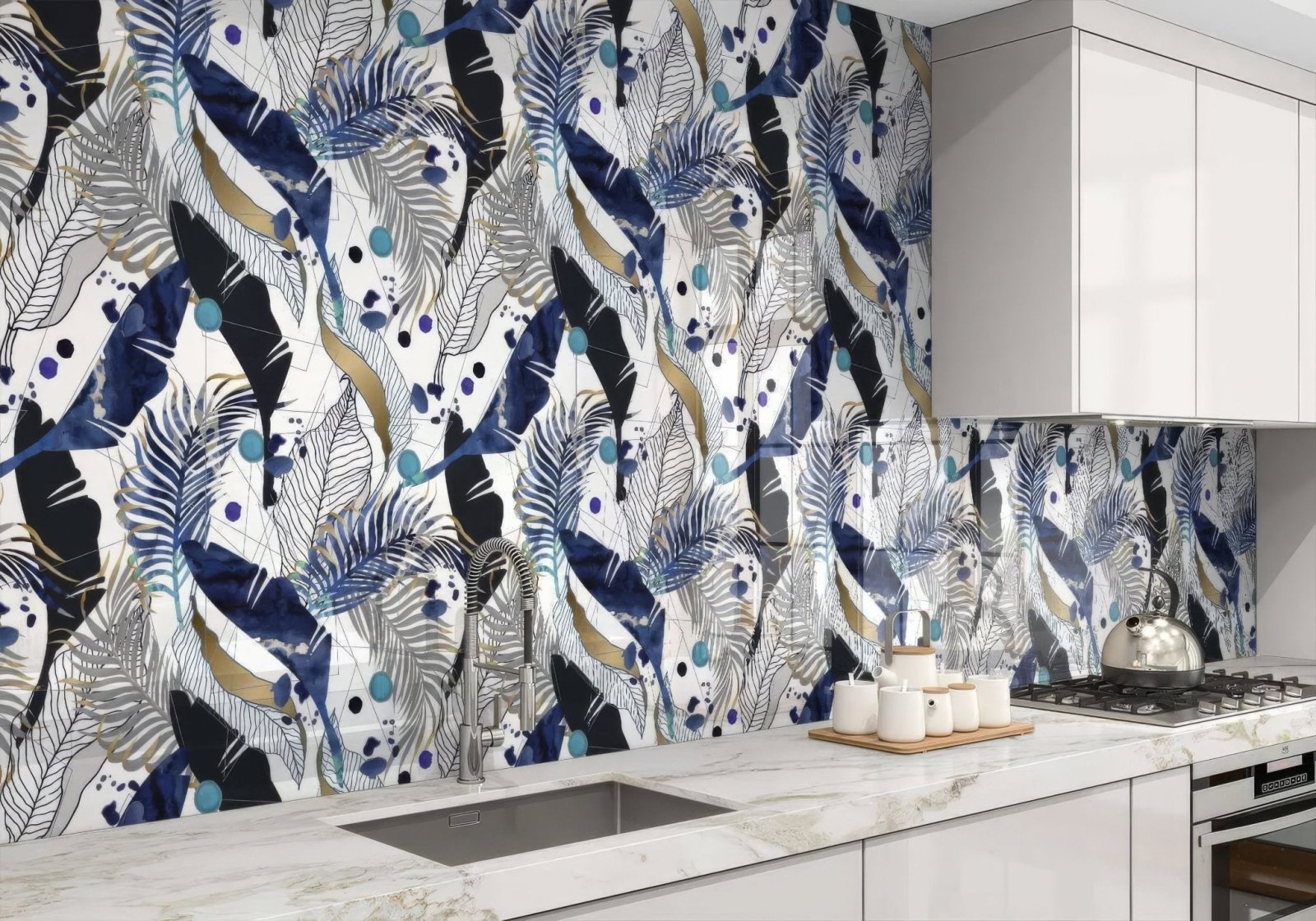 Black Gold Navy Leaves Feathers Shower Panel