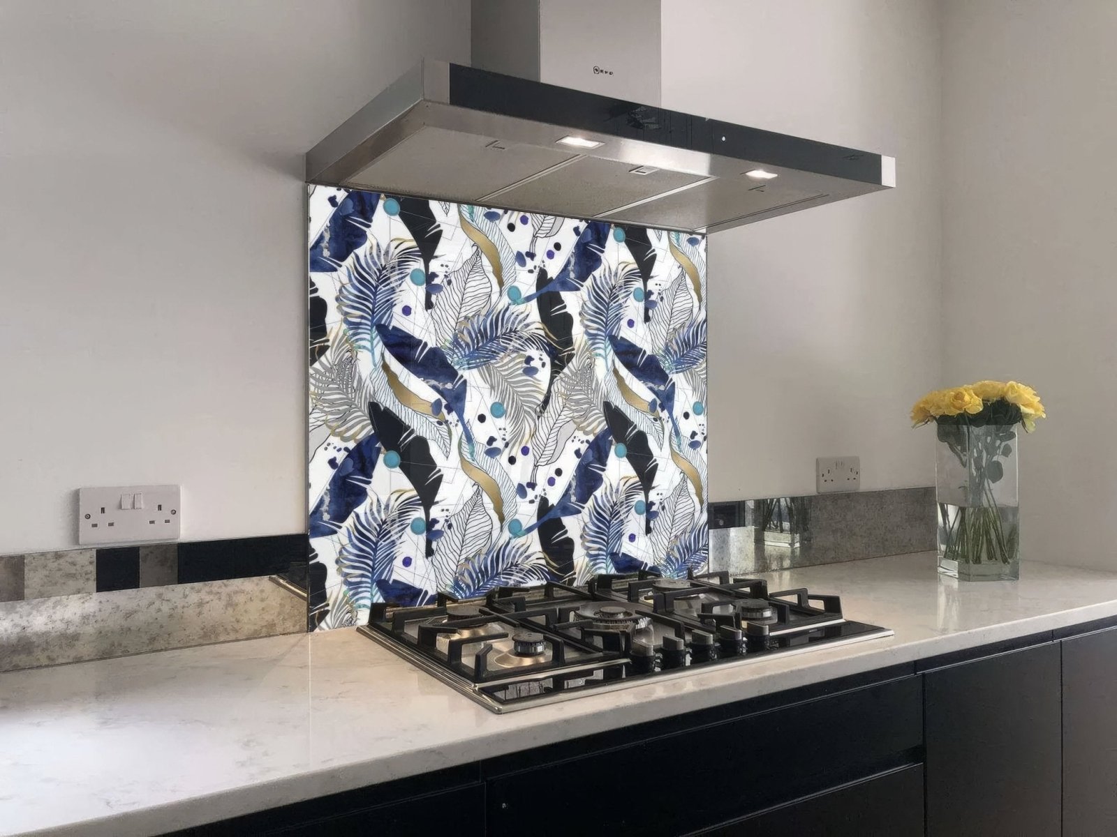 Black Gold Navy Leaves Feathers Shower Panel