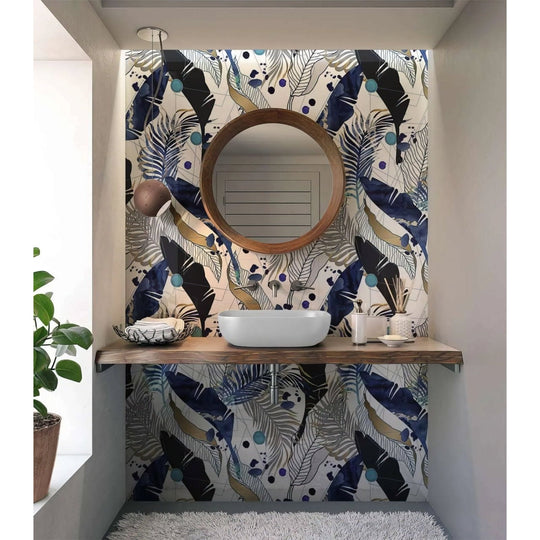 Black Gold Navy Leaves Feathers Shower Panel - alternate view