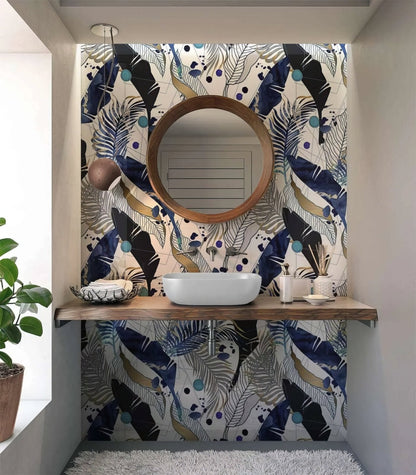 Black Gold Navy Leaves Feathers Shower Panel