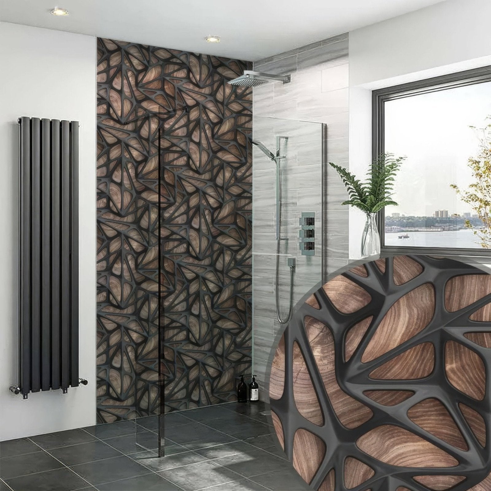 Black grid on wood shower panel with geometric interlocking dark gray and warm brown wood-like patterns