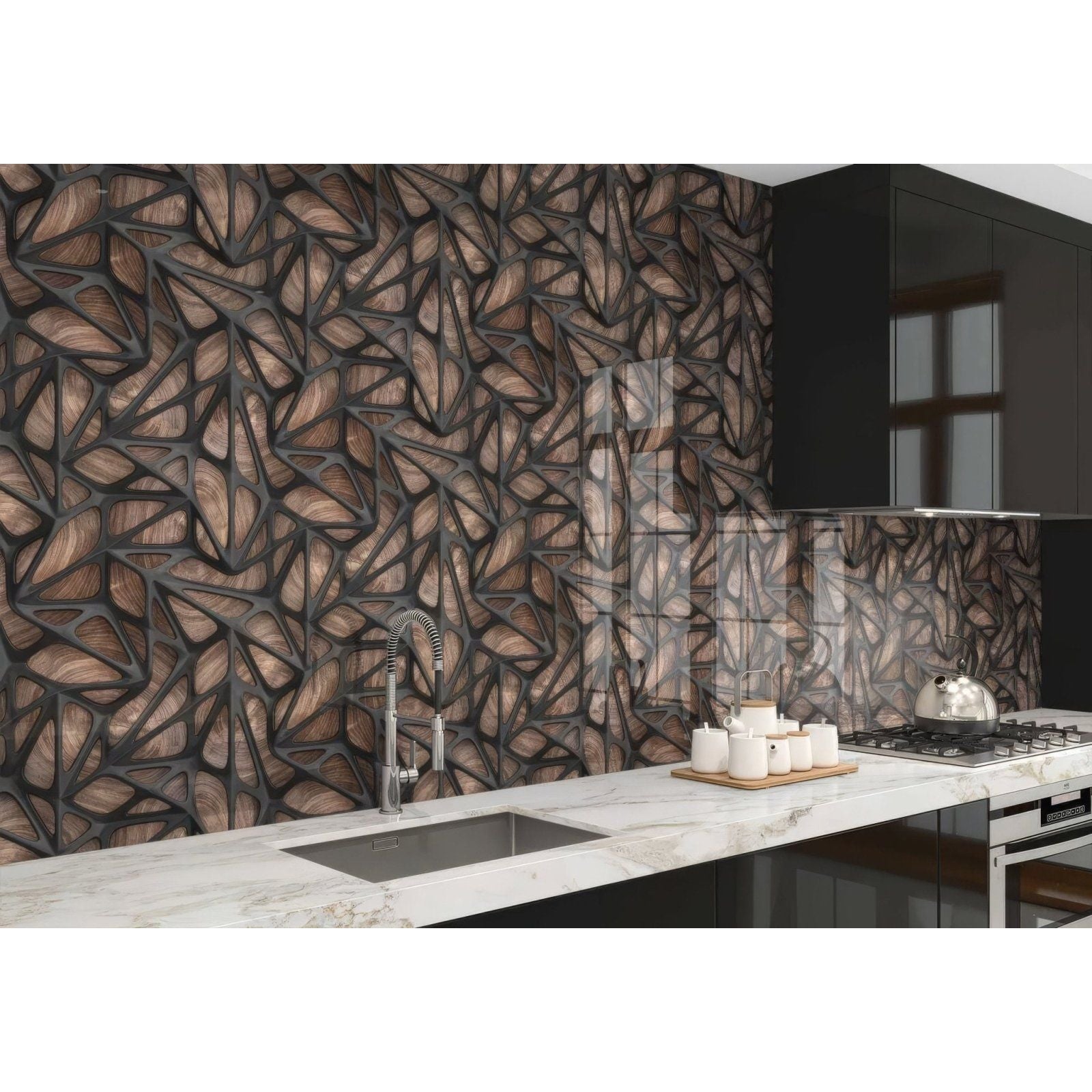 Black grid on wood shower panel featuring a dark bronze and black 3d geometric ceramic tile kitchen backsplash